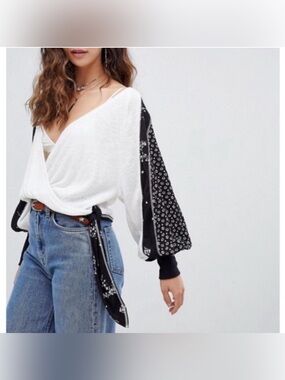 Free People Auxton Thermal Wrap Top S Black White Floral Boho Waffle Knit